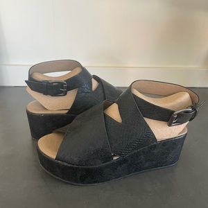 Boutique by CORKY'S Women's Marseille Black Leather Wedge Sandals Size 8
